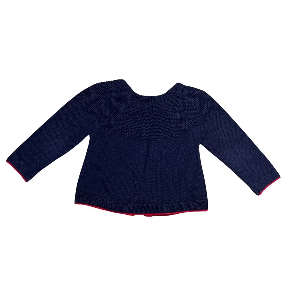 Hanna Andersson Kids Navy Blue Red Contrast Cotton Knit Cardigan Sweater 100